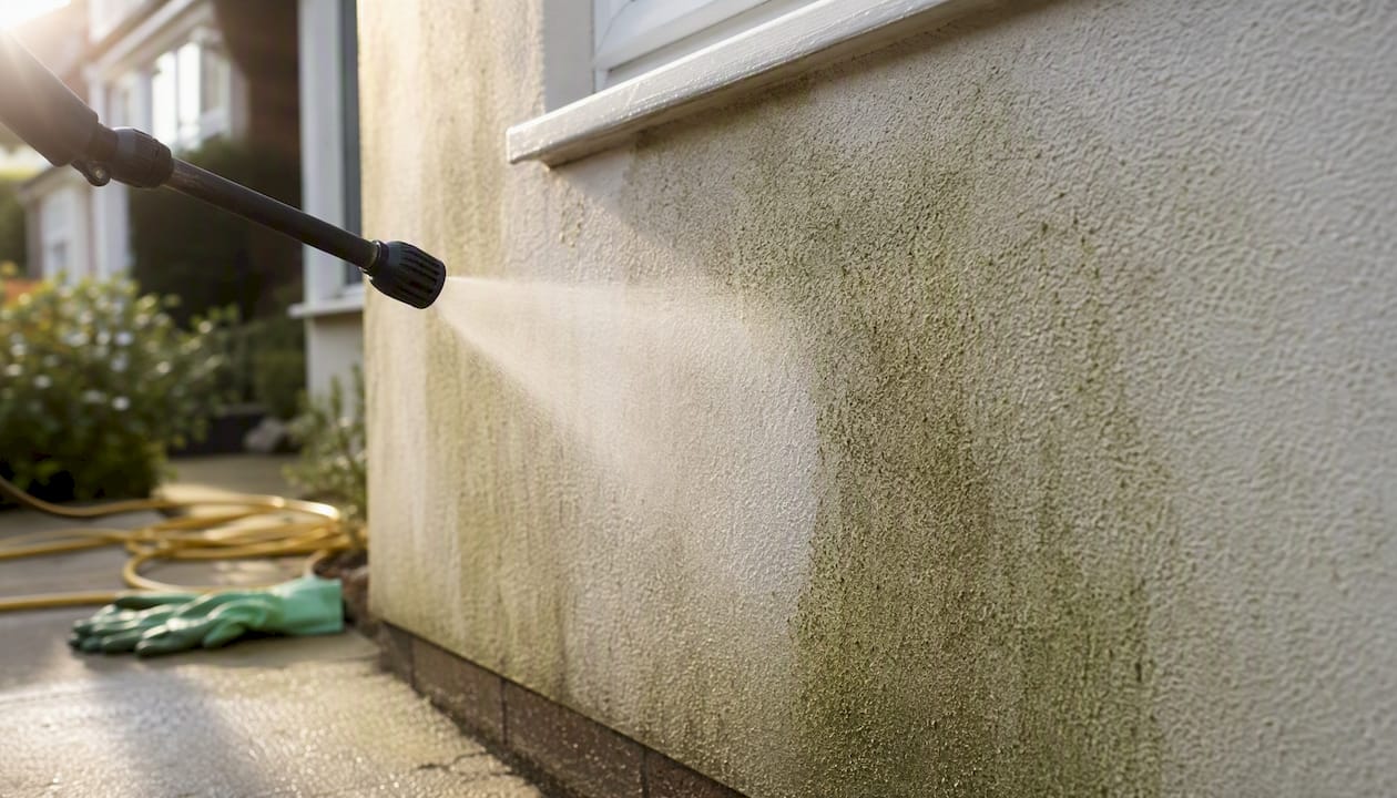 Soft-washing rendered wall in Liverpool home