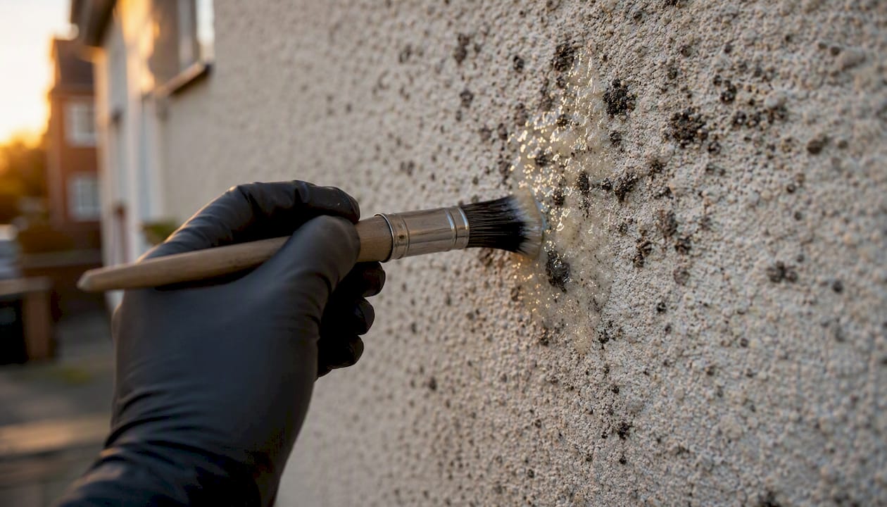 Gloved hand applying gel biocide to black spot lichen