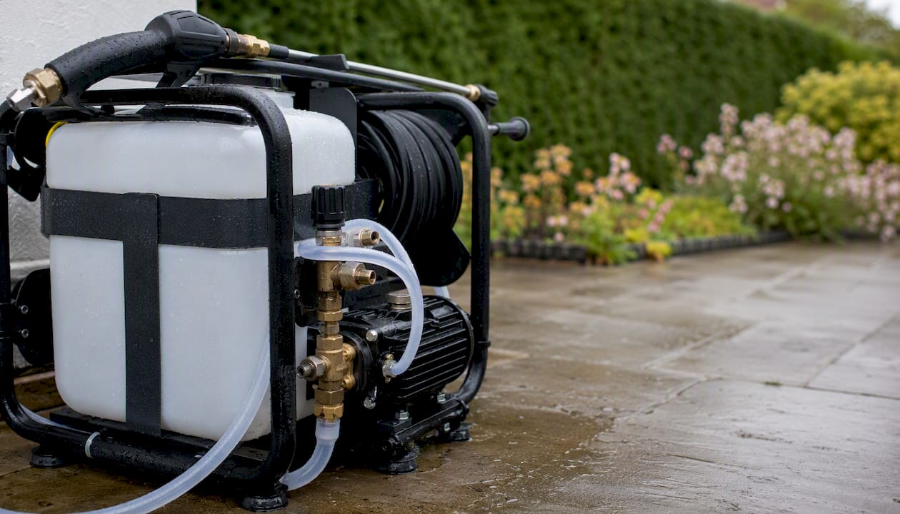 Powered soft-wash unit with chemical tank