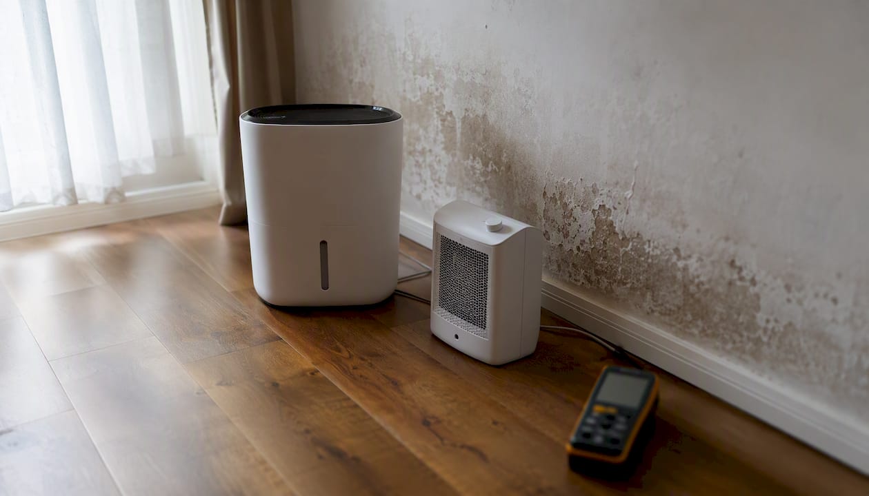 Dehumidifier and heater drying damp interior wall