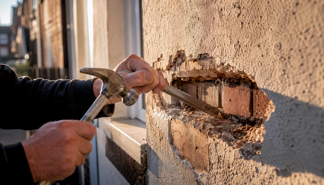 Hands cutting back render near damp proof course