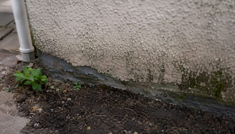 Close-up of damp pebble-dash render on Liverpool house