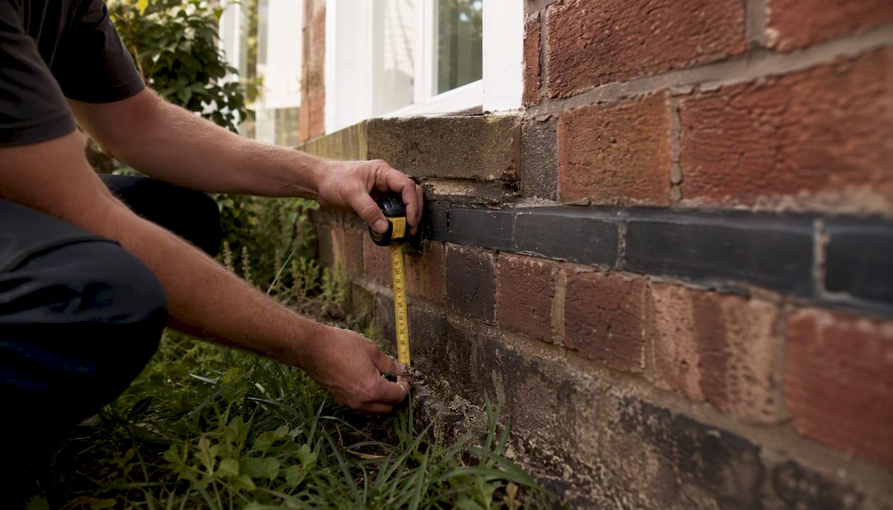 Hands measuring height of damp proof course marker
