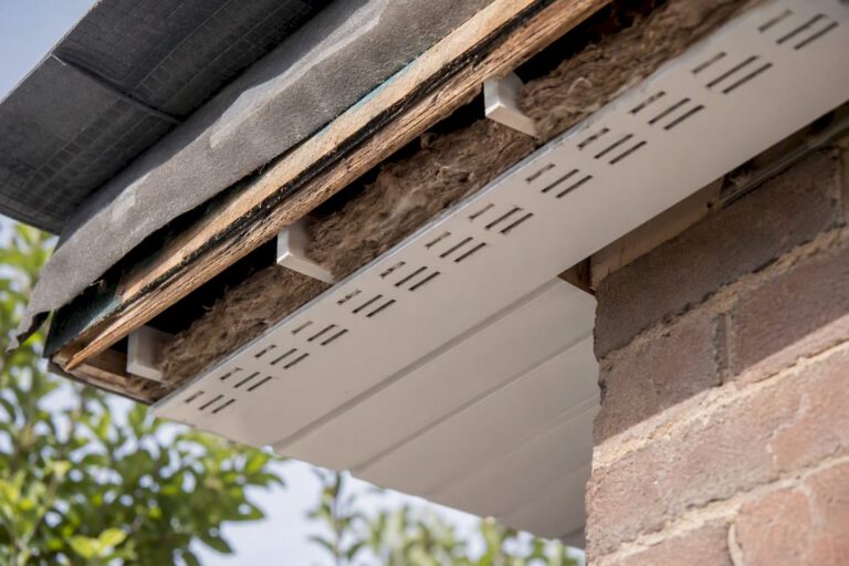 Close-up of soffit roof ventilation with eaves spacers