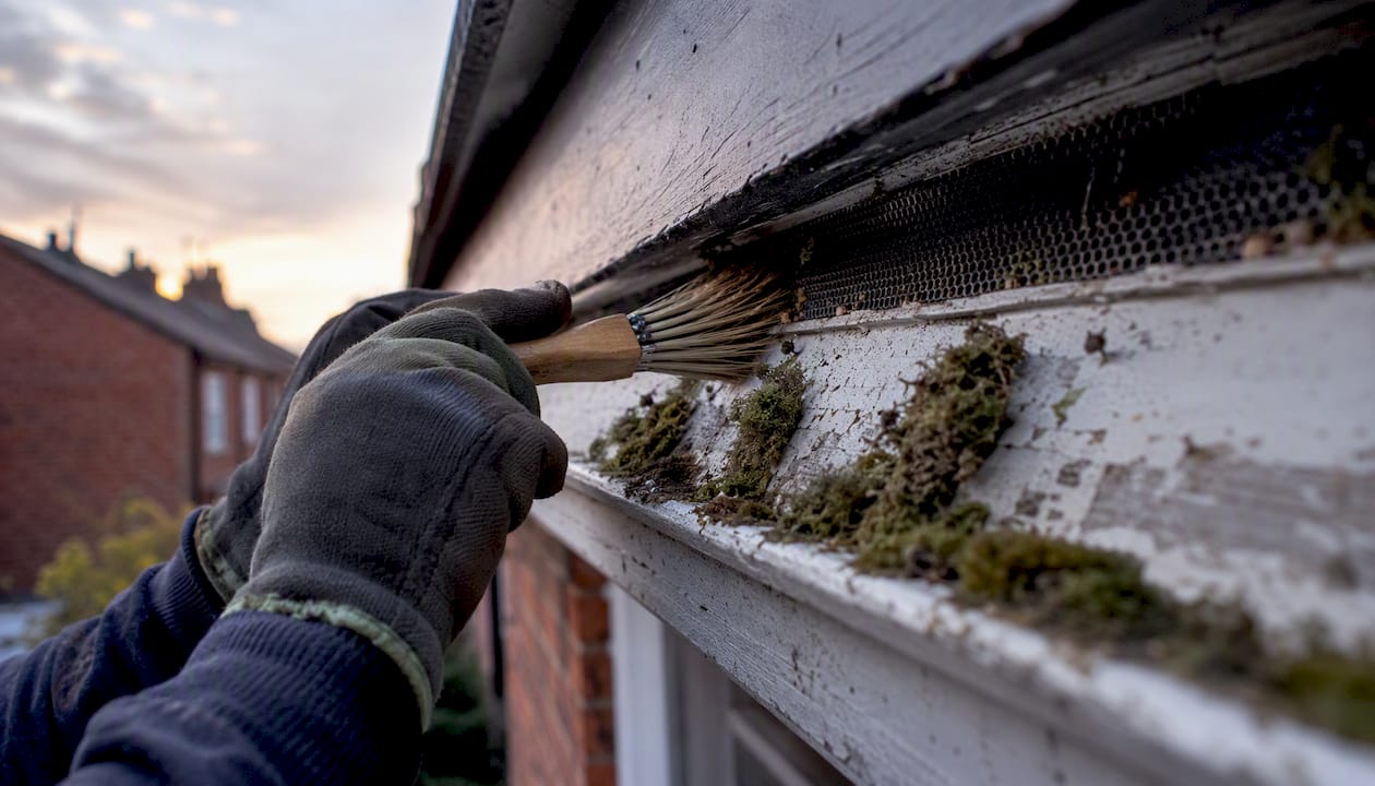 Cleaning moss and debris from timber soffit vent