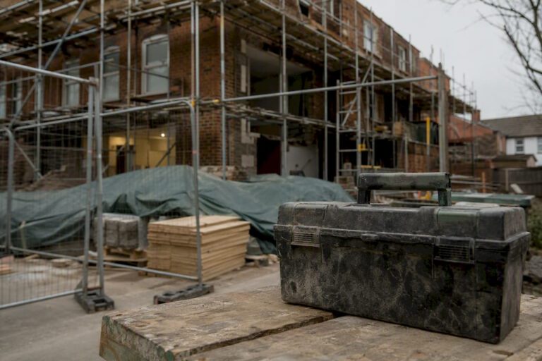 Liverpool home renovation site with materials and scaffolding