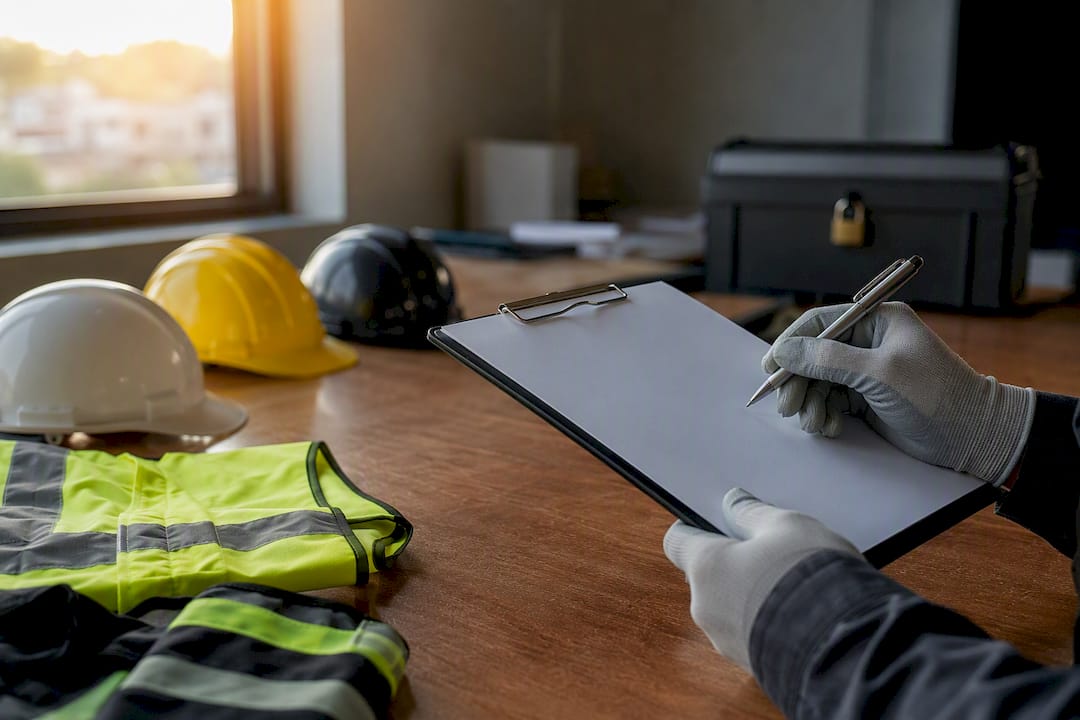 Hands holding clipboard with site safety gear