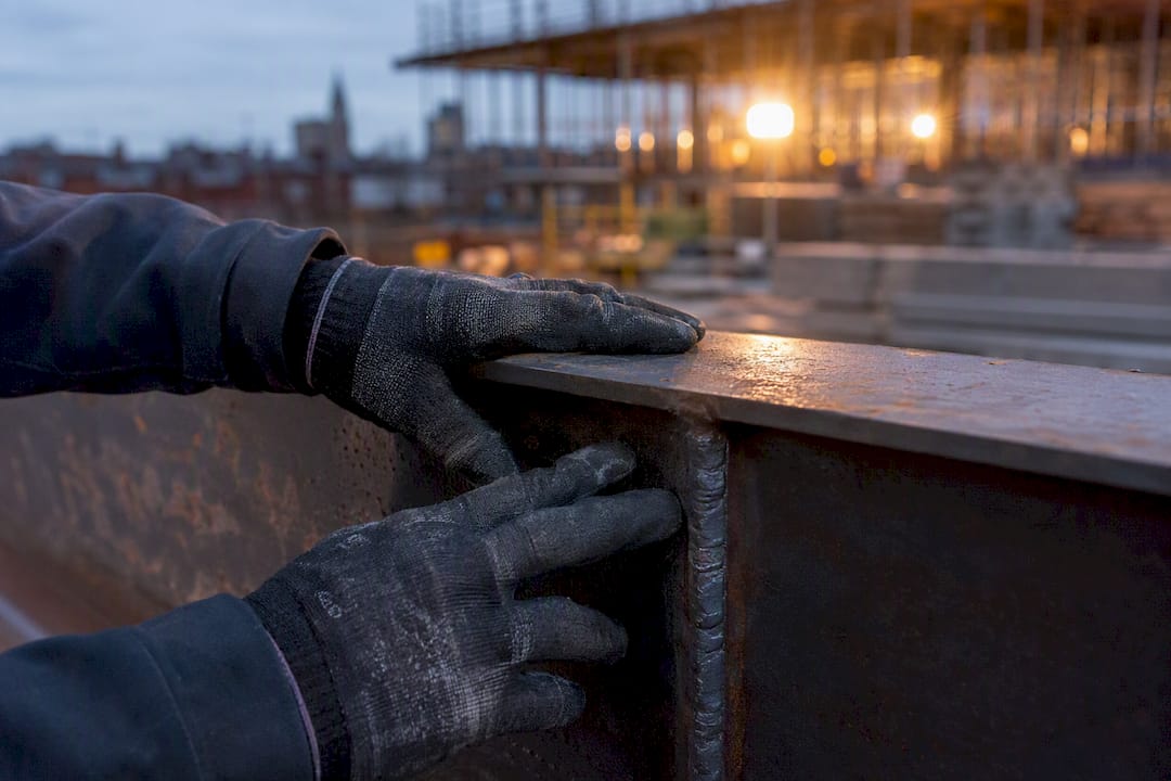 Hands inspecting structural steel beam
