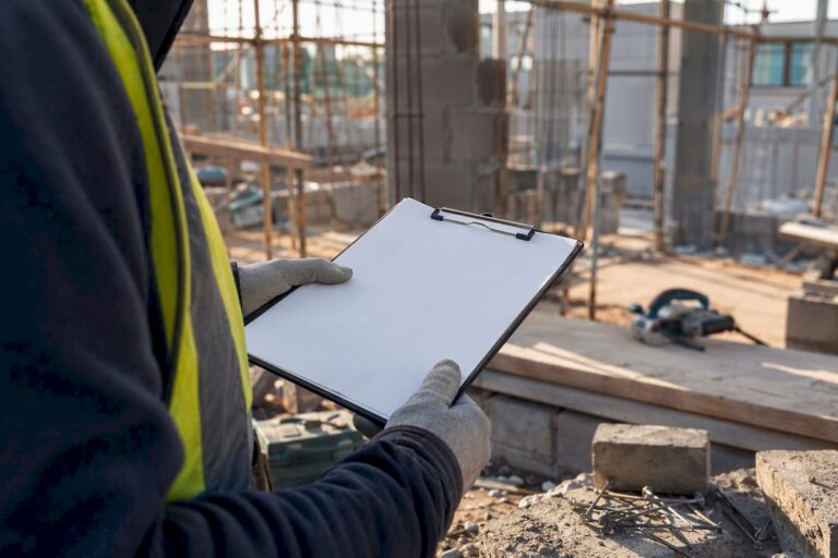Builder hands holding clipboard with insurance documents