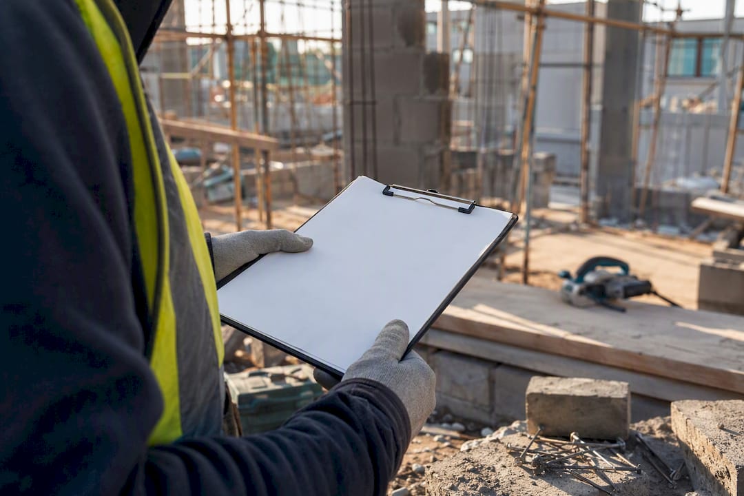 Builder hands holding clipboard with insurance documents