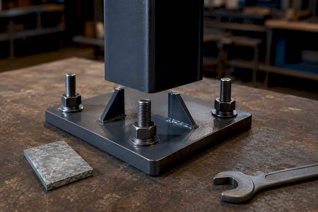 Steel base plate with anchor bolts
