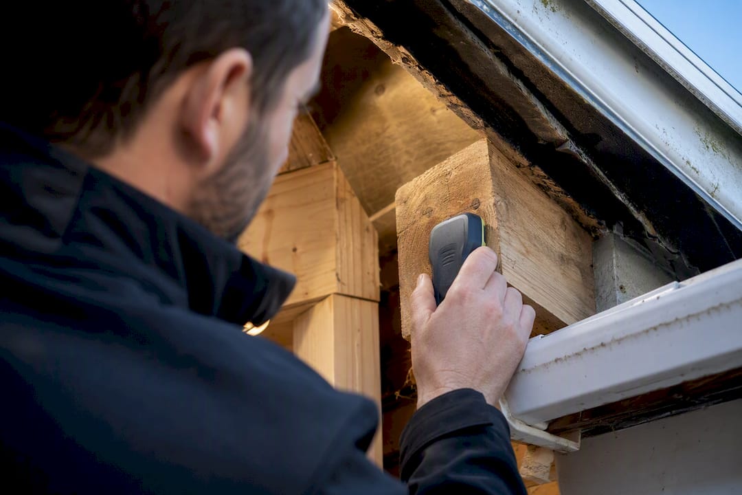 Moisture meter checking timber rafter tail