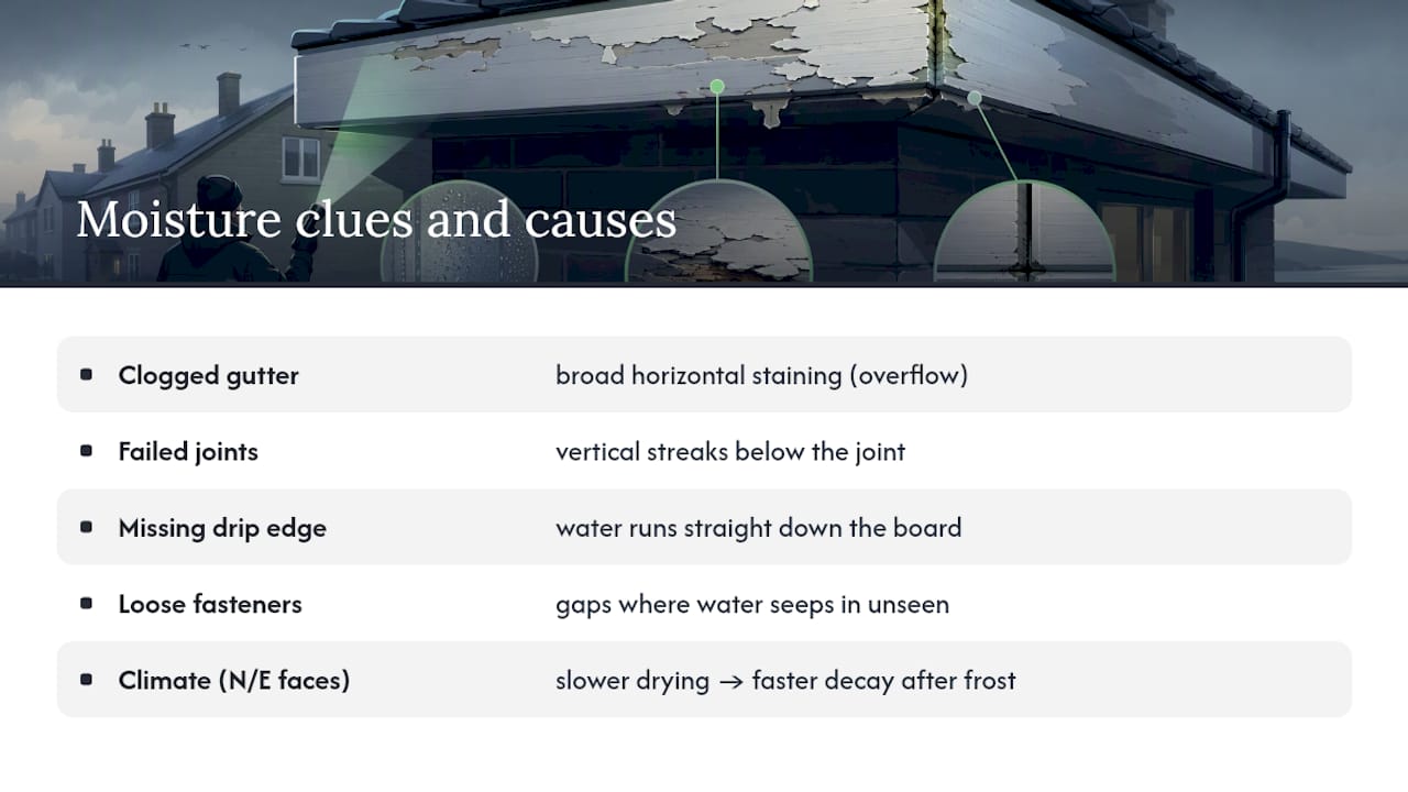 Fascia moisture paths and staining patterns